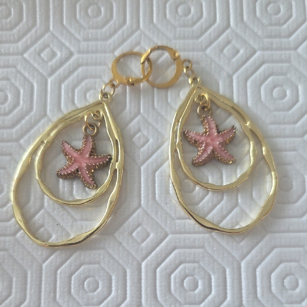 Gold and Pink Starfish Earrings